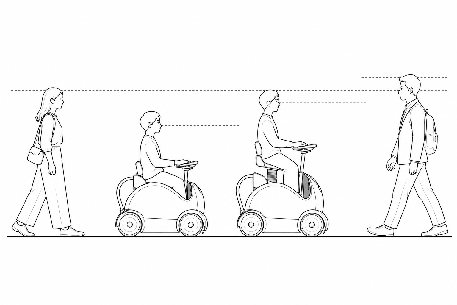 Diagram showing RODEM seat elevation bringing rider to eye level with standing companions