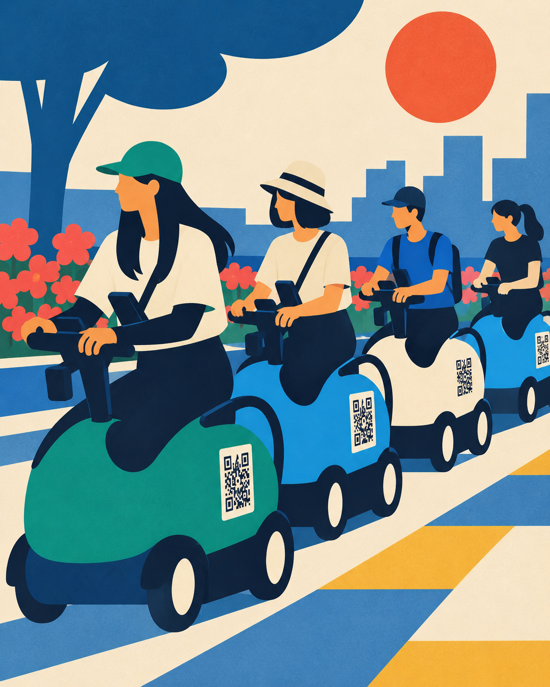 MACHIMOBI — four RODEM vehicles traveling together along Chuo-dori, Yaesu